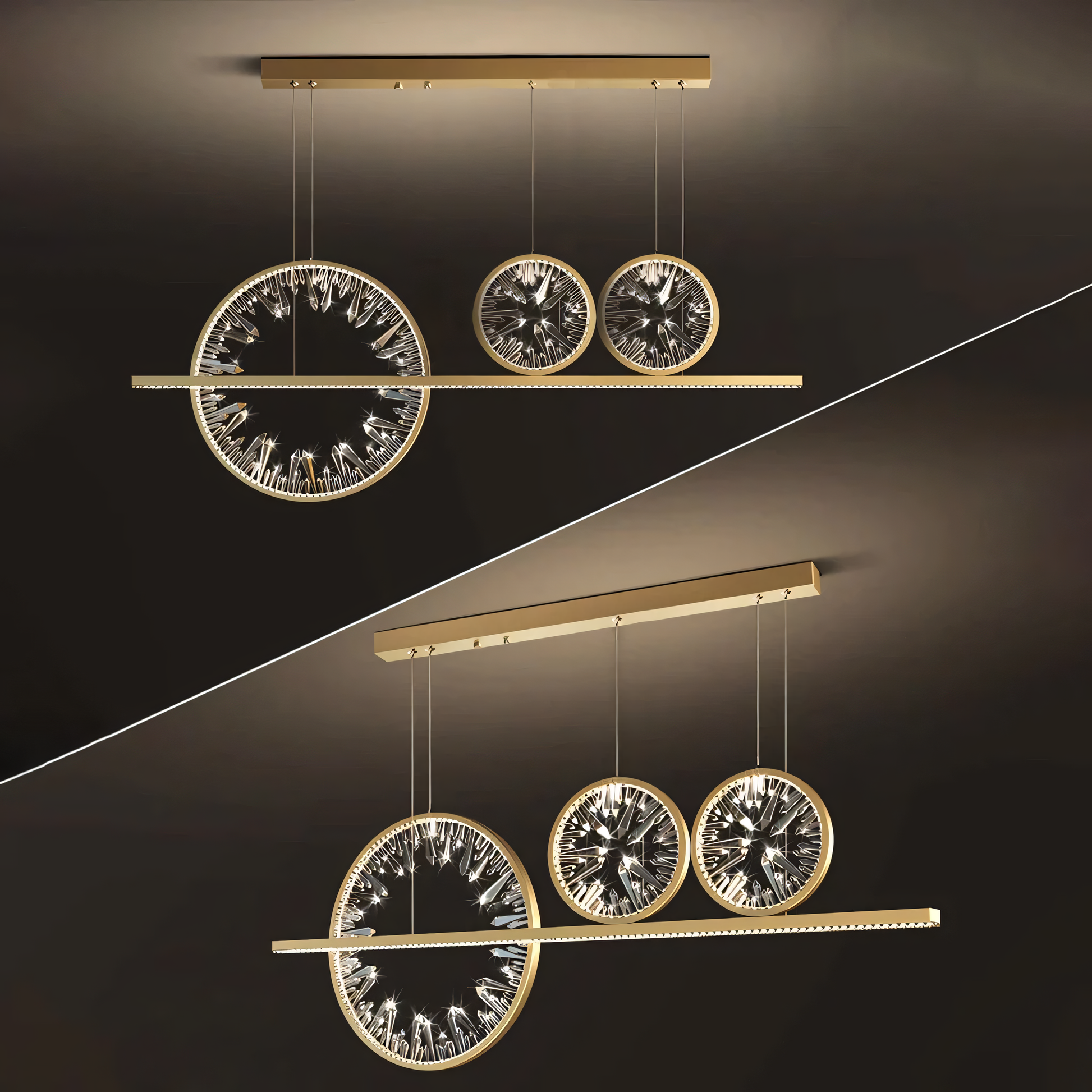 A close-up of the Time of Life Chandelier reveals its intricate round shape and gold finish.