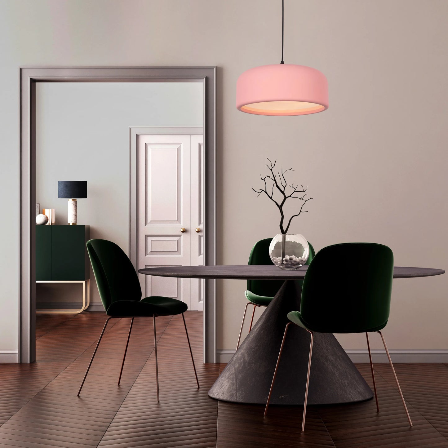An artistic pendant light with a sleek, abstract design. It features a brushed brass metal frame, suspended by thin cables, with soft, warm light emitted through frosted glass diffusers. The light creates a modern, elegant ambiance, perfect for contemporary interiors.