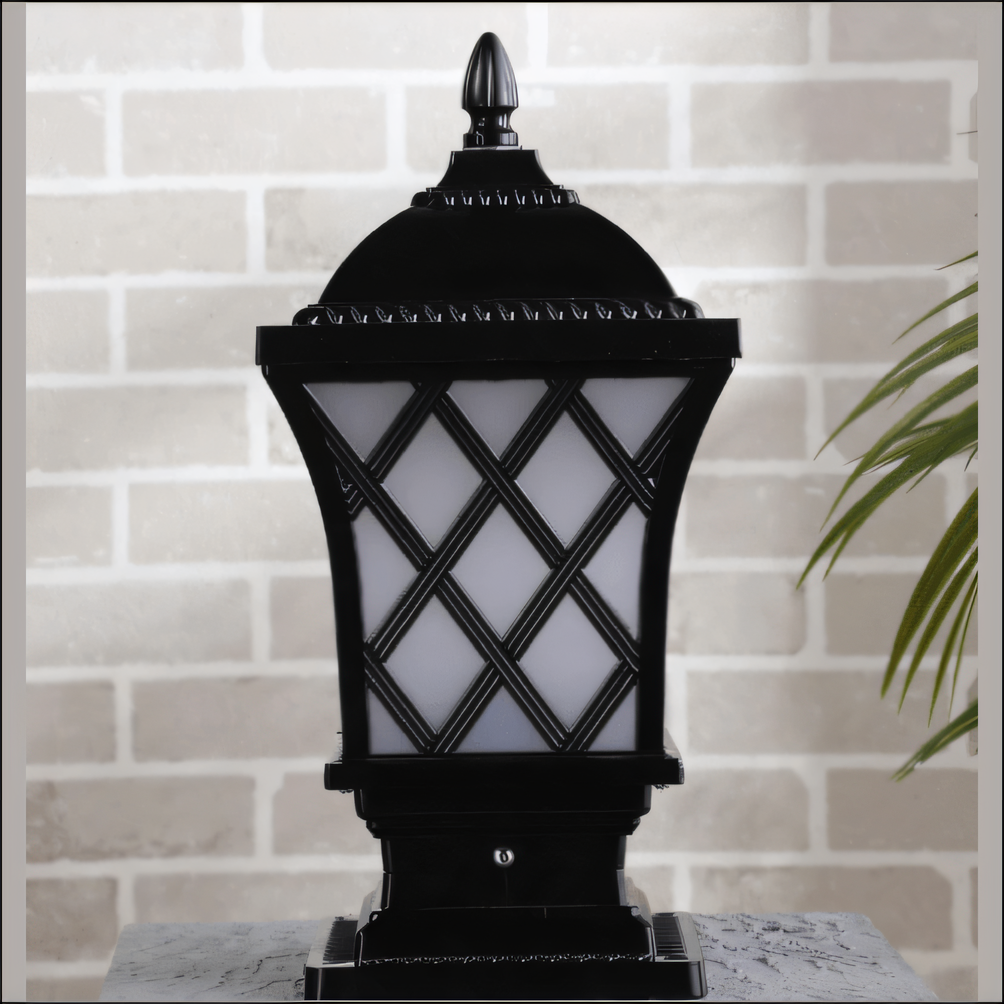 Warm LED illumination of the Die Cast Gate Light against a backdrop of majestic stonework