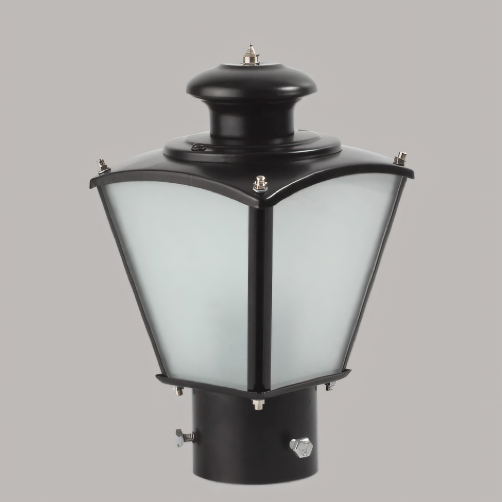 Warm LED illumination of the Paris Gate Light against a backdrop of manicured gardens
