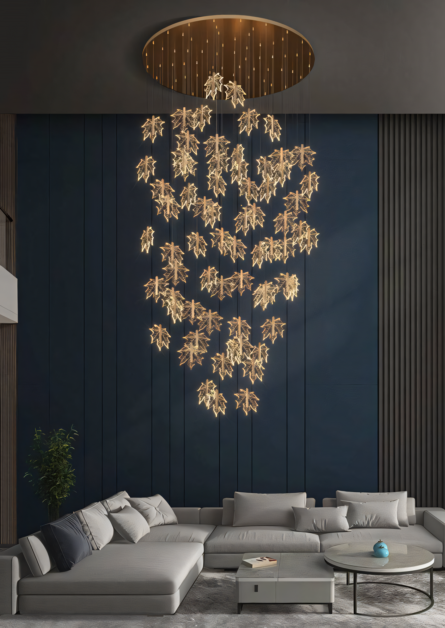 Warm LED acrylic gold leaf chandelier for elegant foyers