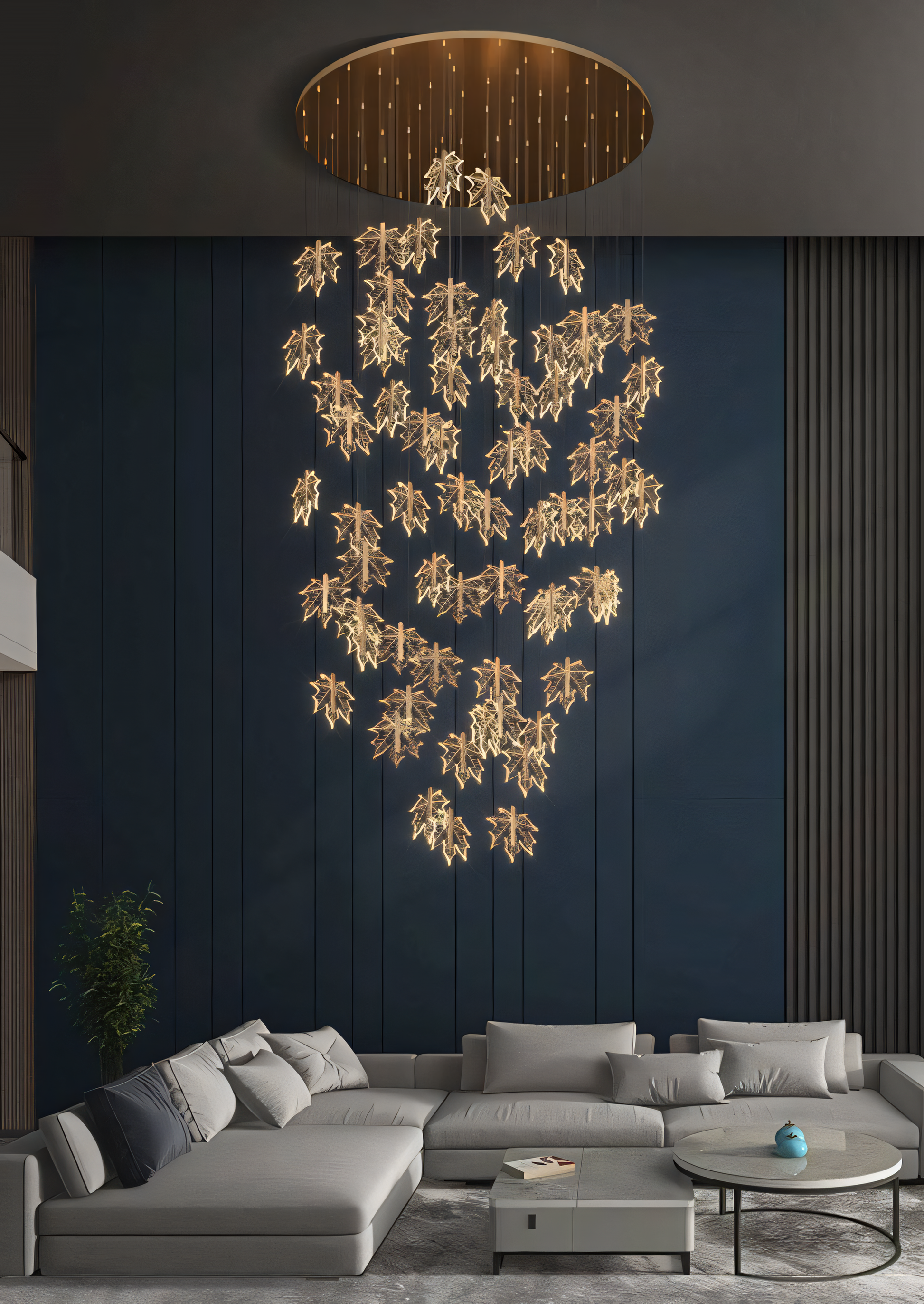 Warm LED acrylic gold leaf chandelier for elegant foyers