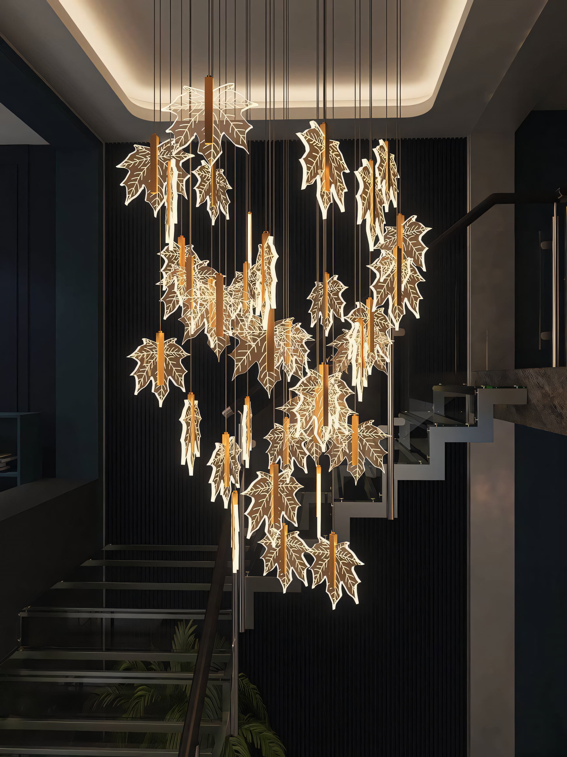 Captivating double height chandelier for staircase grandeur