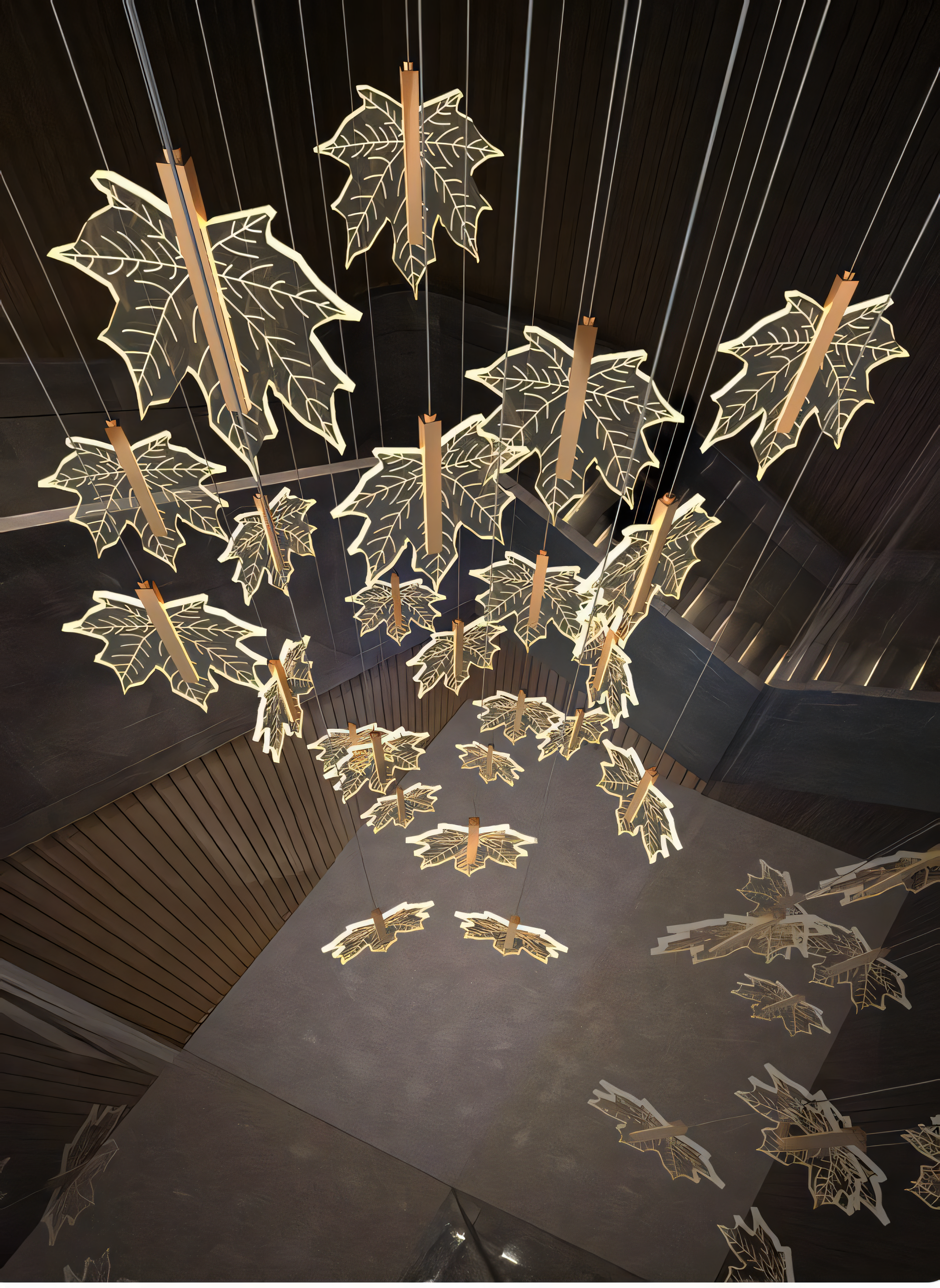 Radiant LED chandelier with intricate gold leaf design