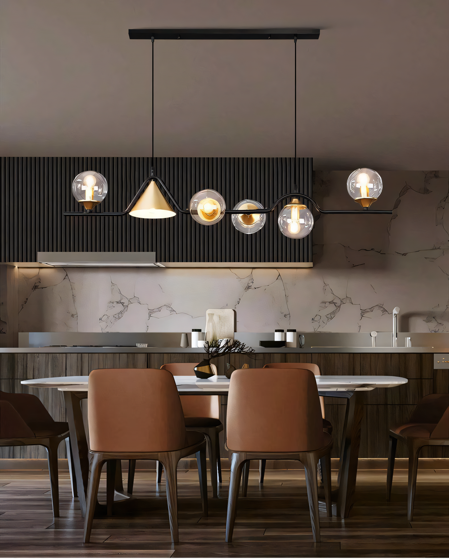 Regal amber glass chandelier with warm golden glow