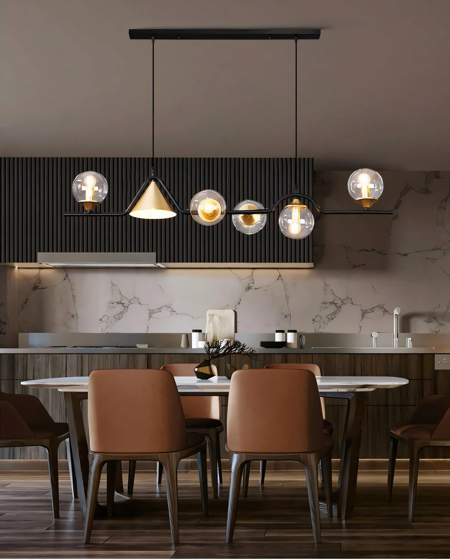 Regal amber glass chandelier with warm golden glow