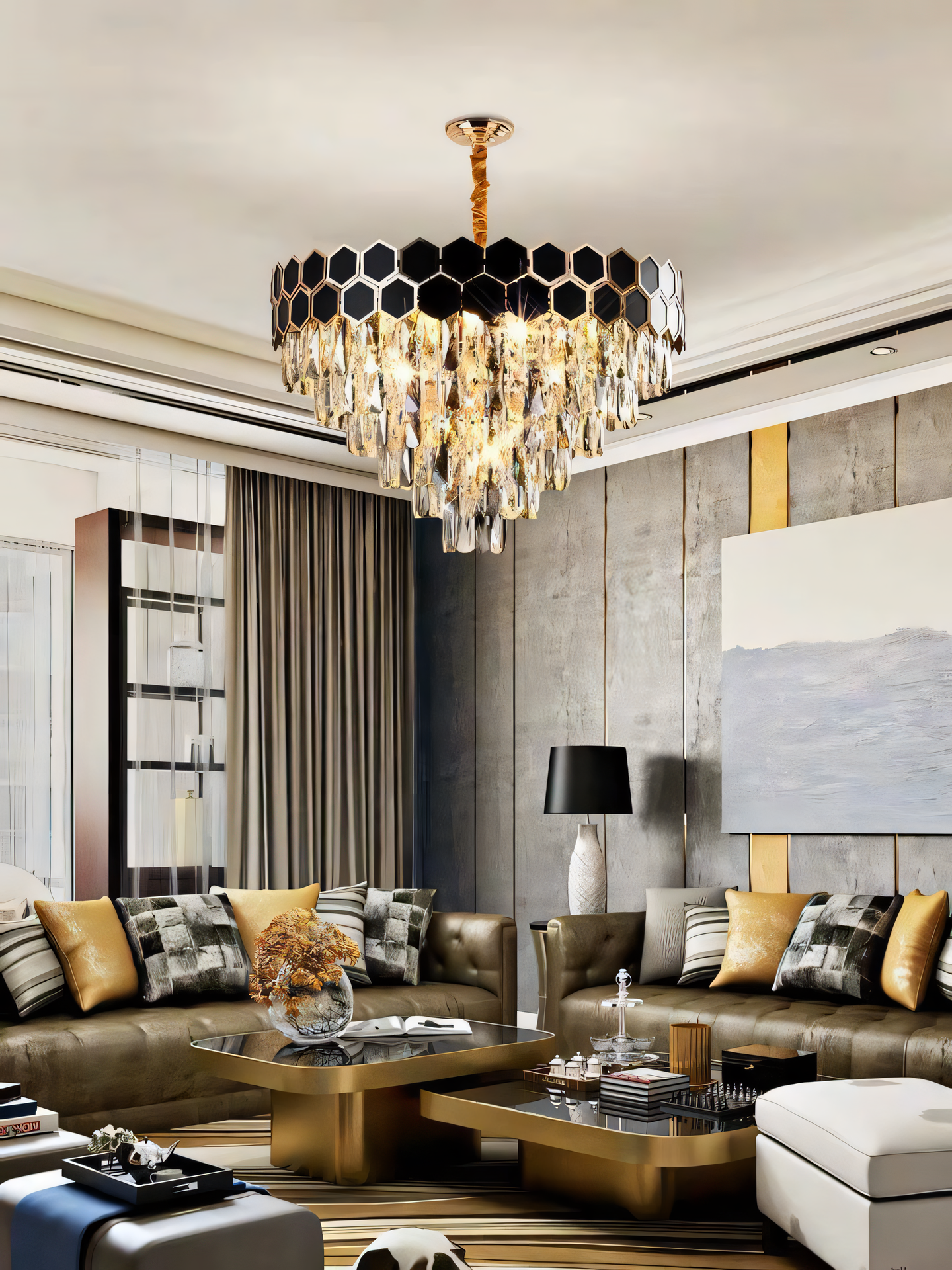 Captivating black and gold crystal pendant chandelier, a true masterpiece of design