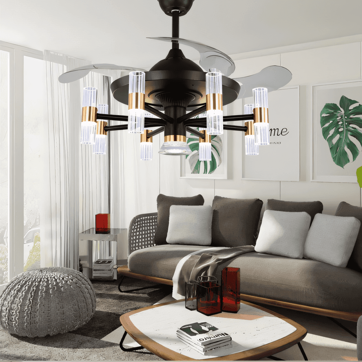 Remote-controlled chandelier fan with color-changing lights