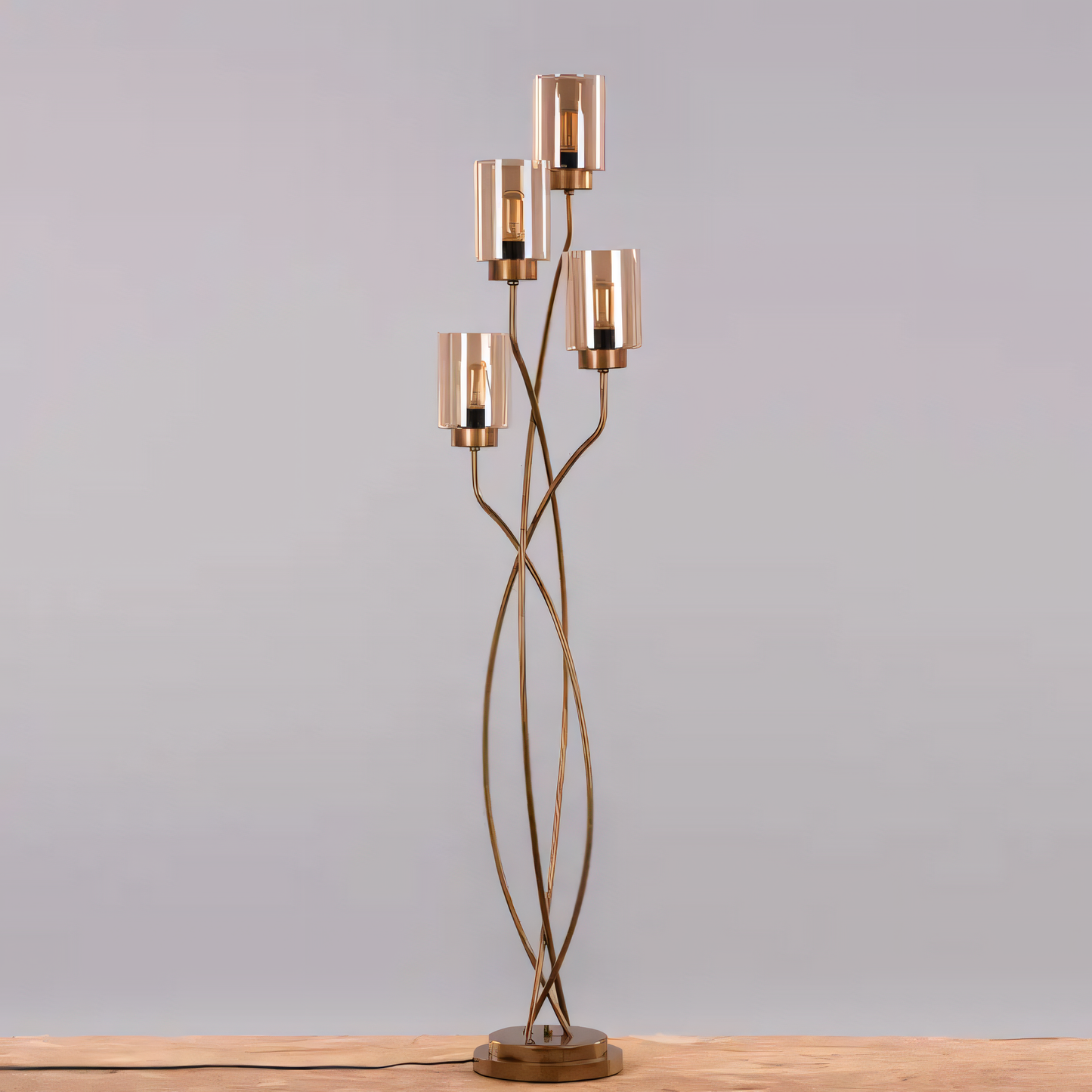 Gold foil finish floor lamp with amber glass shades