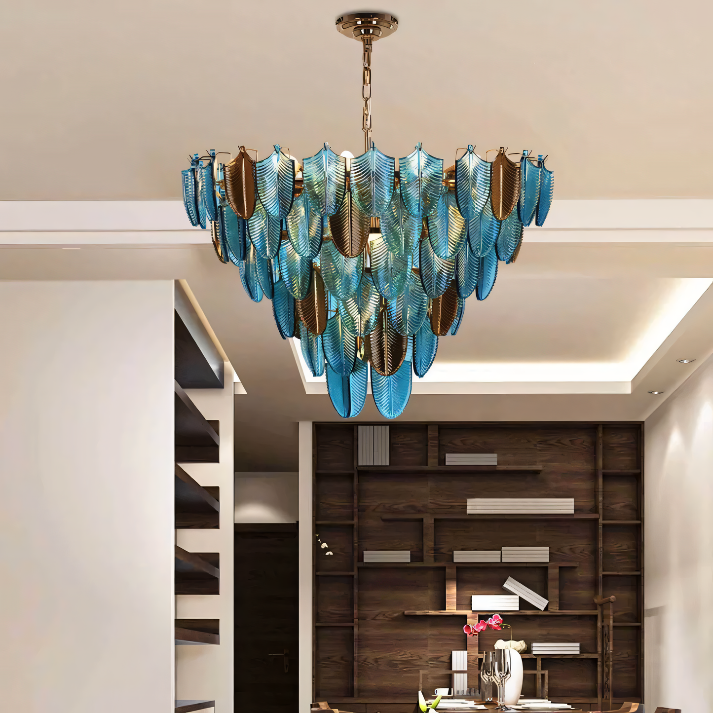The hand-blown glass leaves of the Gratus Luxe Modern Glass Leaf Chandelier resemble seaweed glistening in sunlight.
