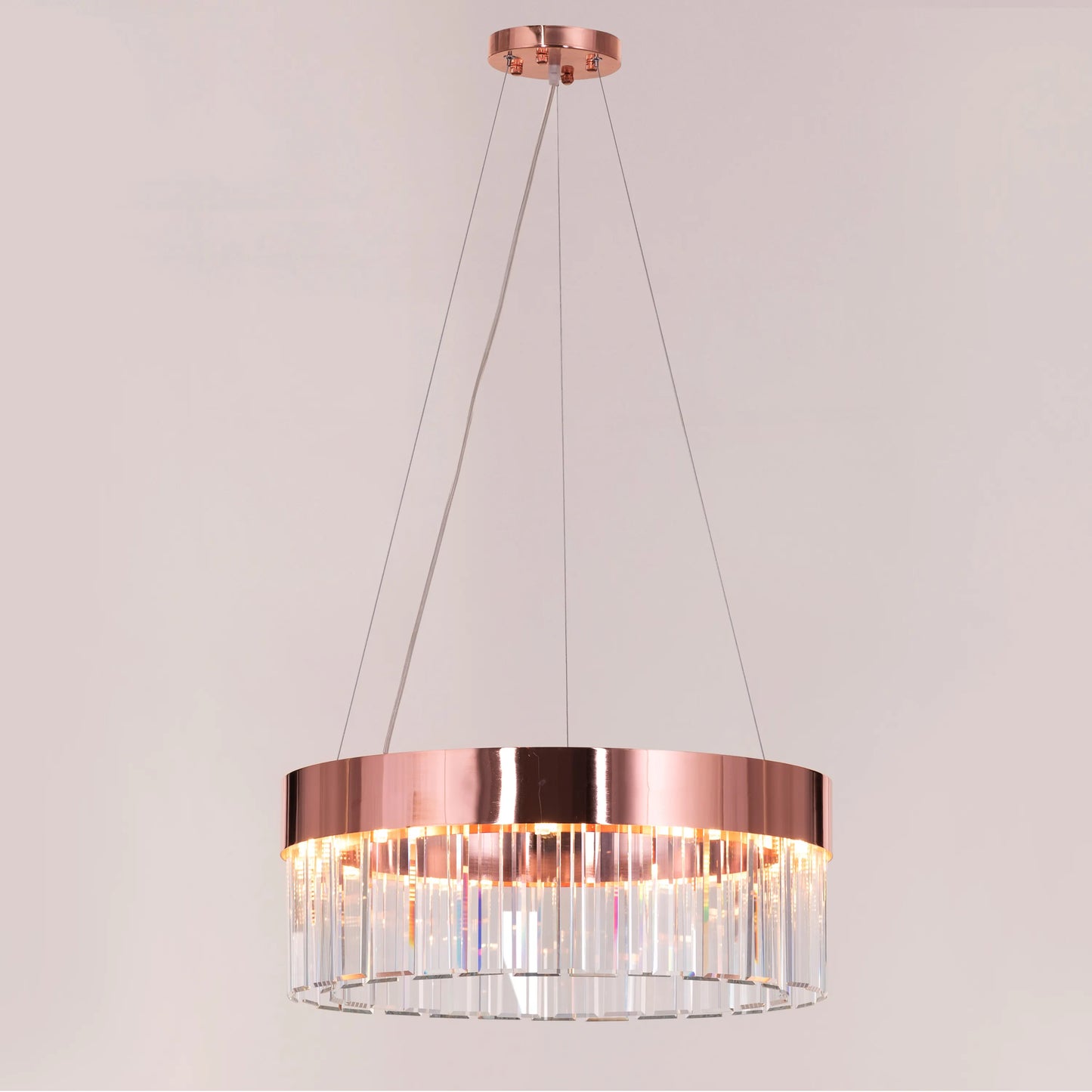 Center Of Attention rose gold crystal chandelier with sparkling crystals.