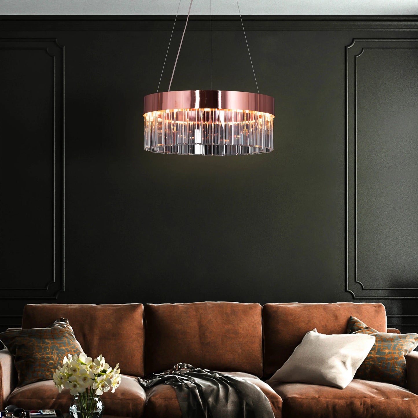 Center Of Attention rose gold crystal chandelier with sparkling crystals.