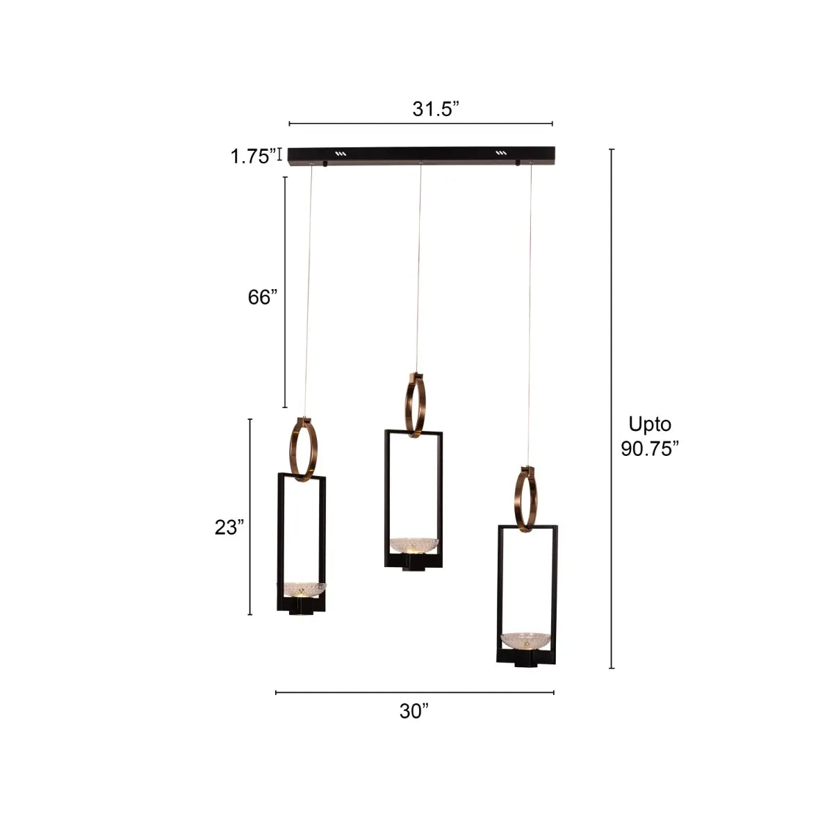 Adding Up Chandelier with sleek black and gold design illuminating a modern living room.
