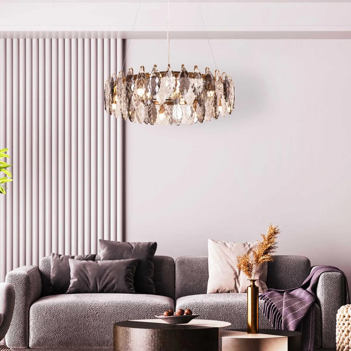 Clear To Me medium gold crystal chandelier illuminating a formal dining room