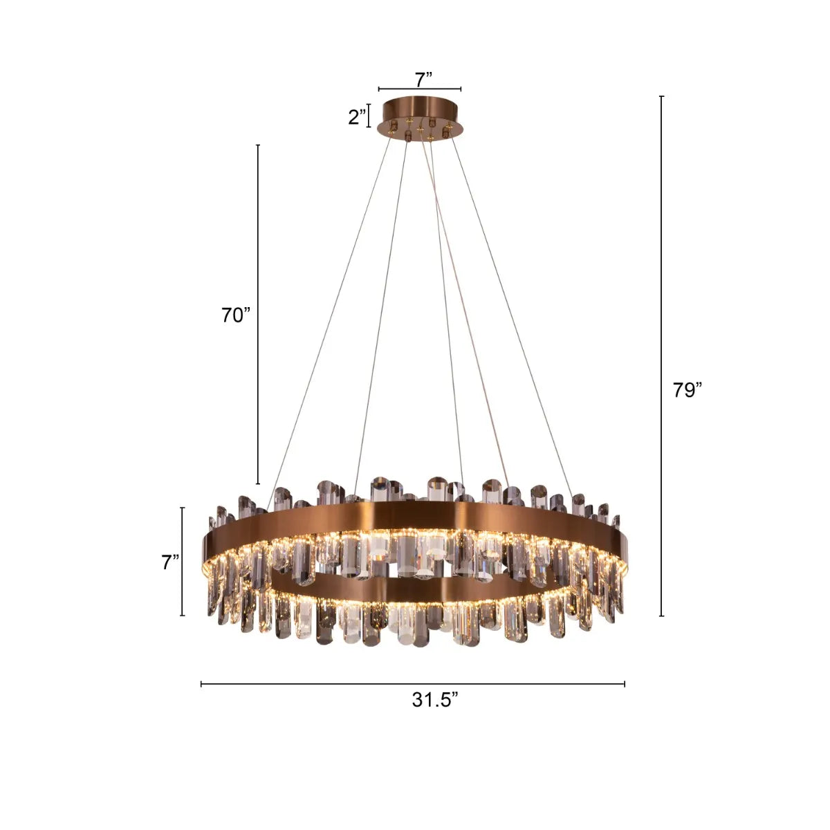 Large gold Start From Scratch round crystal chandelier illuminating a luxurious living room