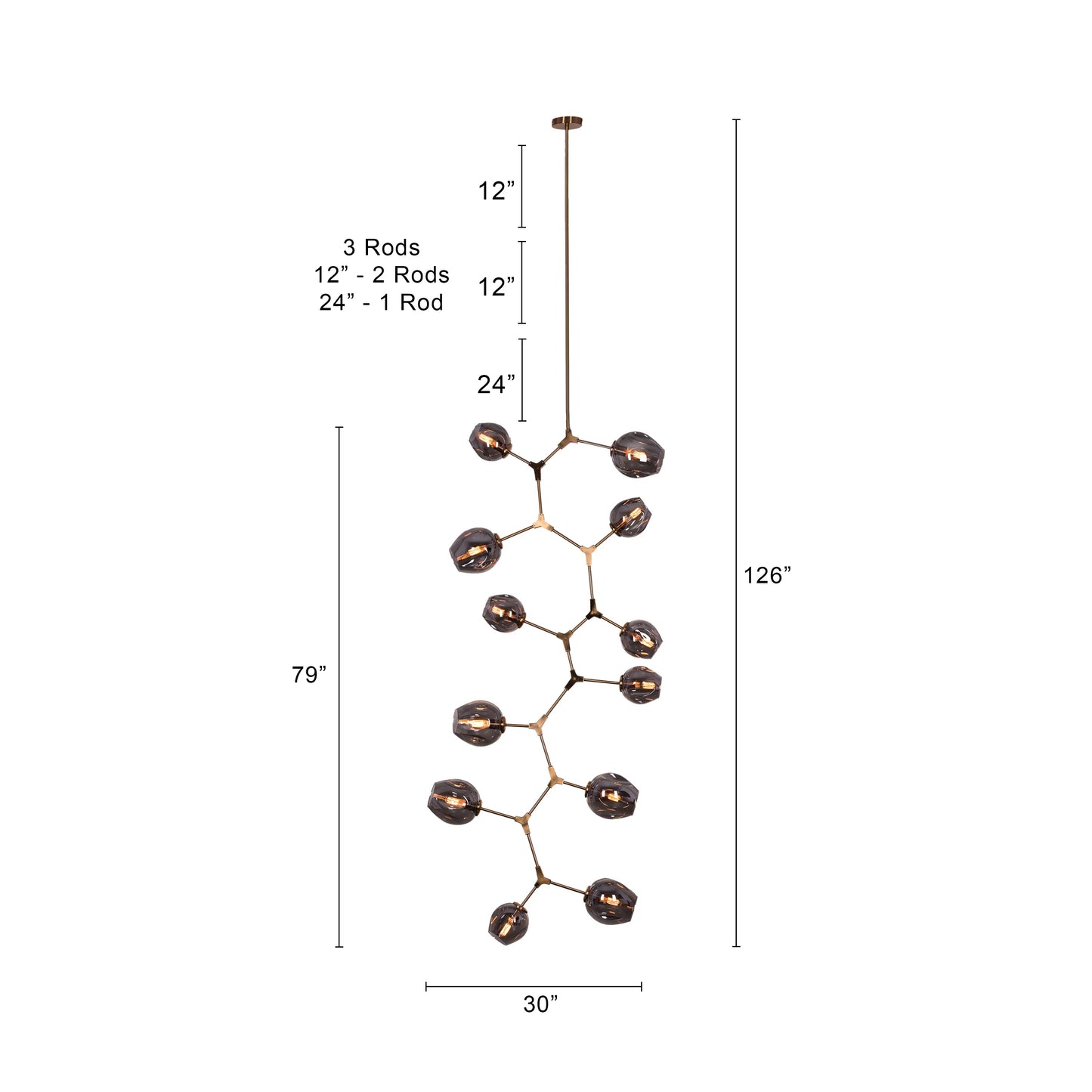 Twist In The Tale 12-head glass chandelier in gold and smokey grey, suspended in a grand double-height living room.