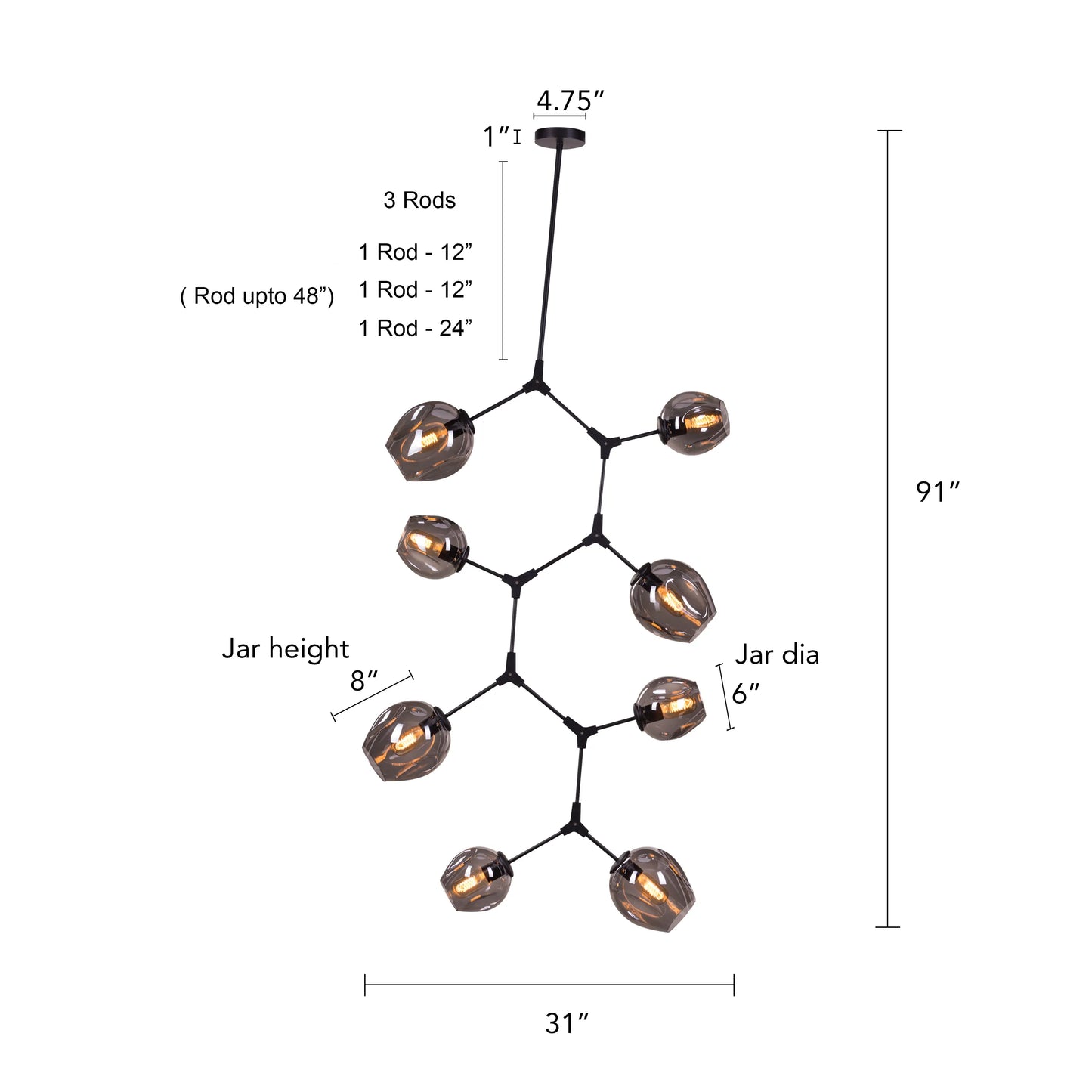 Twist In The Tale 8-head glass chandelier in black and smokey grey, illuminating a modern living room.