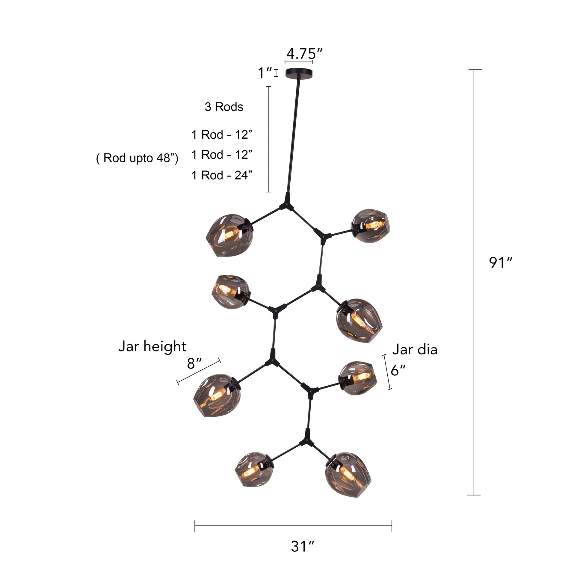 Twist In The Tale 8-head glass chandelier in black and smokey grey, illuminating a modern living room.