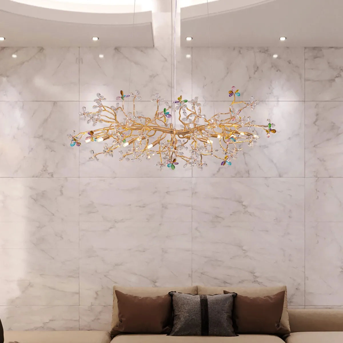 Elegant Daylight Fades Tree Branch Crystal Chandelier illuminating a modern dining room.