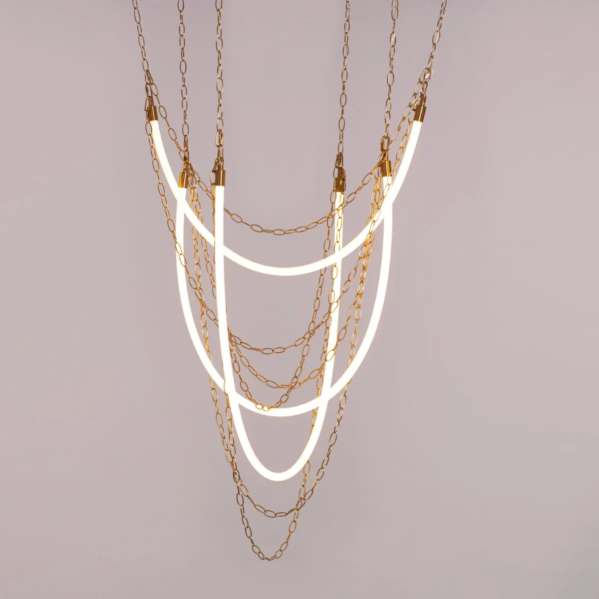 Large gold and white chandelier with 3 color built-in LED lights