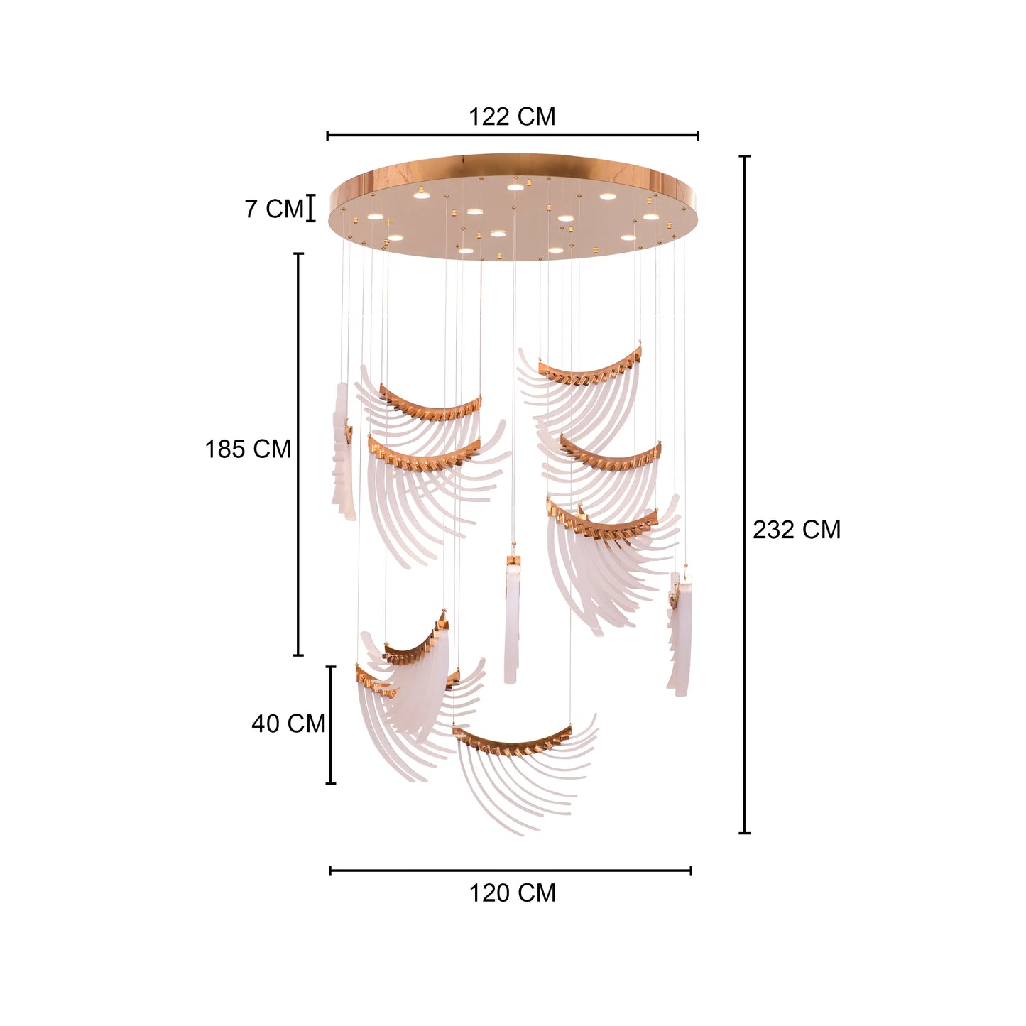 Large gold and white Chefs Kiss chandelier with frosted glass, hanging in a spacious living room