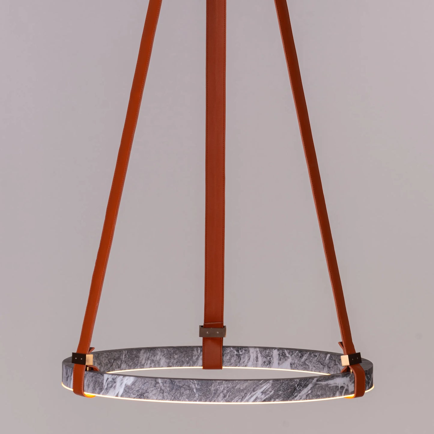 Round grey LED chandelier with slim profile suspended in a modern living room