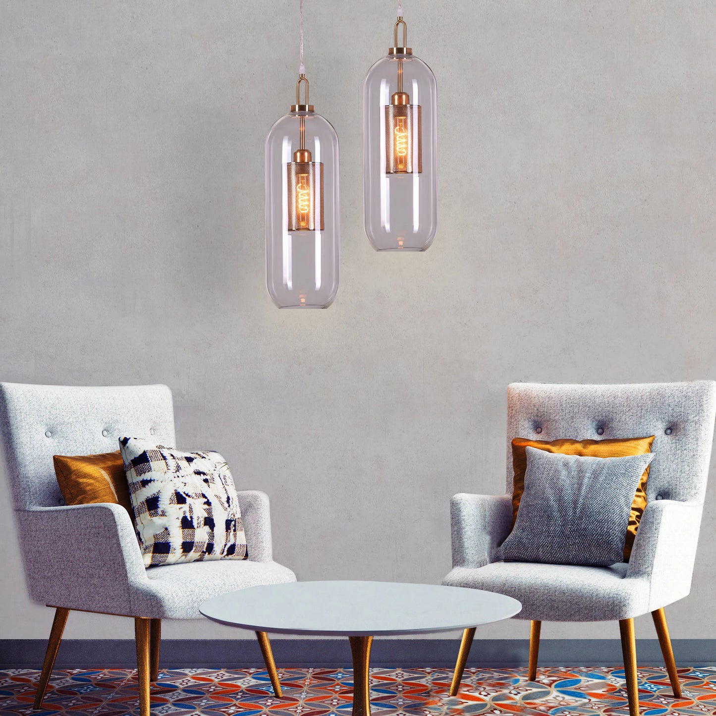 Sophisticated Good To Glow Pendant Light Featuring Long Clear Glass and Gold Finish