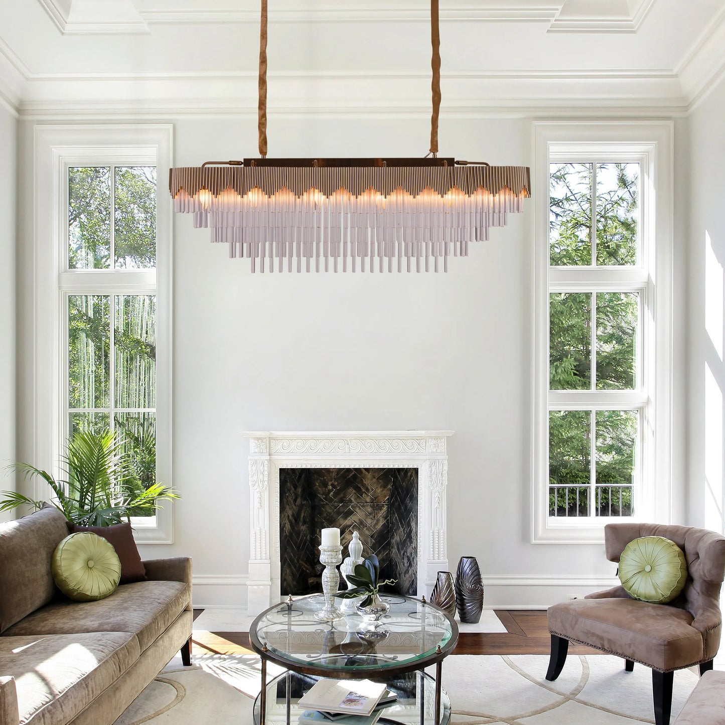 Diamonds Are Forever large oval gold crystal chandelier illuminating a grand ballroom