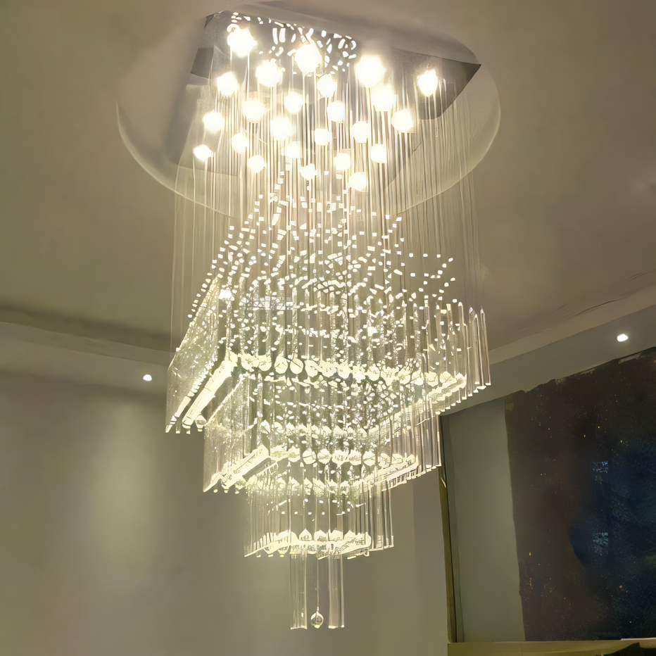 Dazzling array of 40mm and 14mm crystals in chandelier
