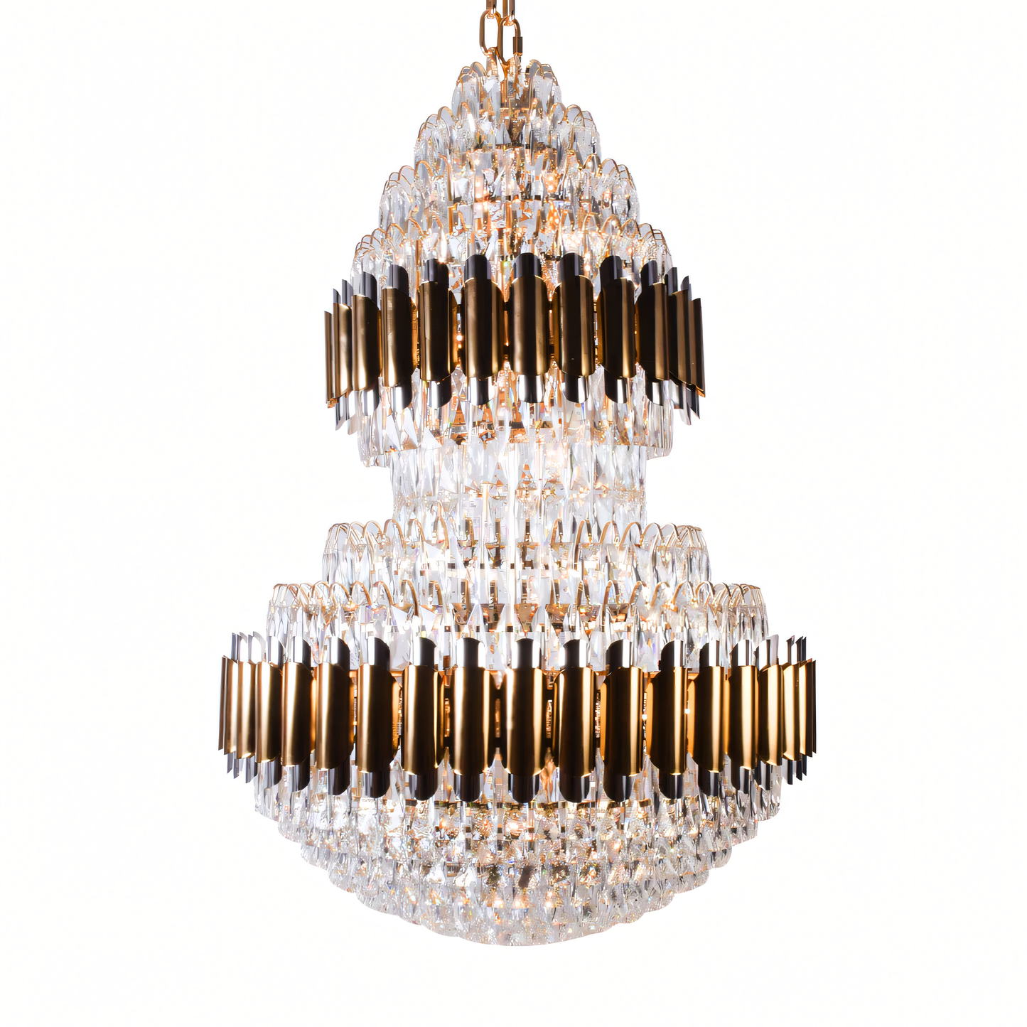Breathtaking long crystal chandelier with a warm golden frame