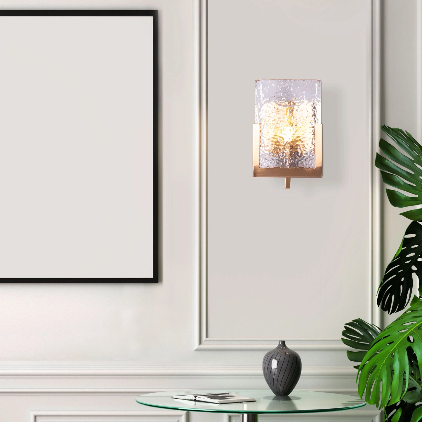 "Legacy Signature" Textured Glass Wall Light - A sleek, modern wall sconce with a textured glass shade that diffuses warm, glowing light.