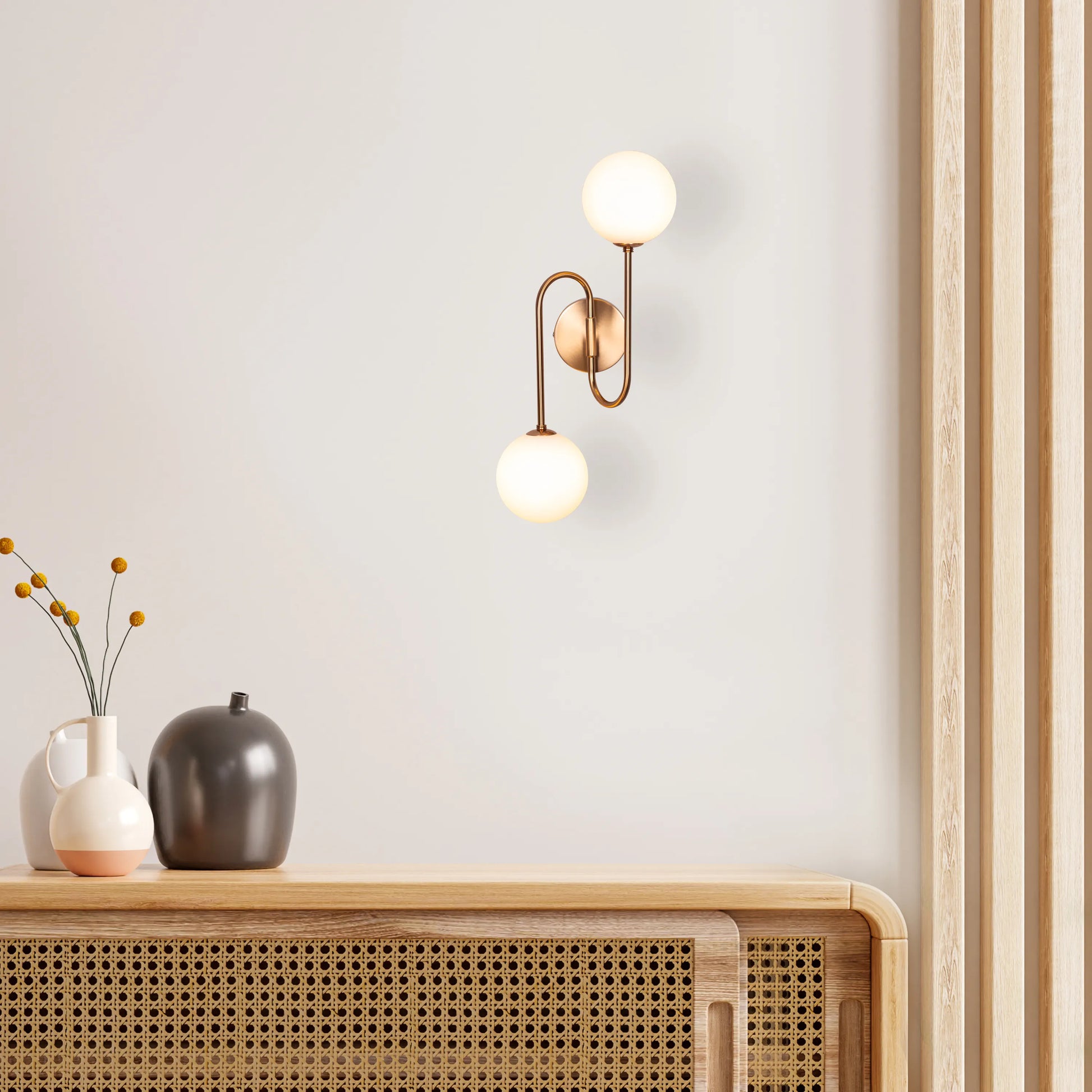 "Many Moons Away" Frosted Glass Wall Light - A sleek, modern wall sconce with a frosted glass shade that diffuses warm, glowing light.