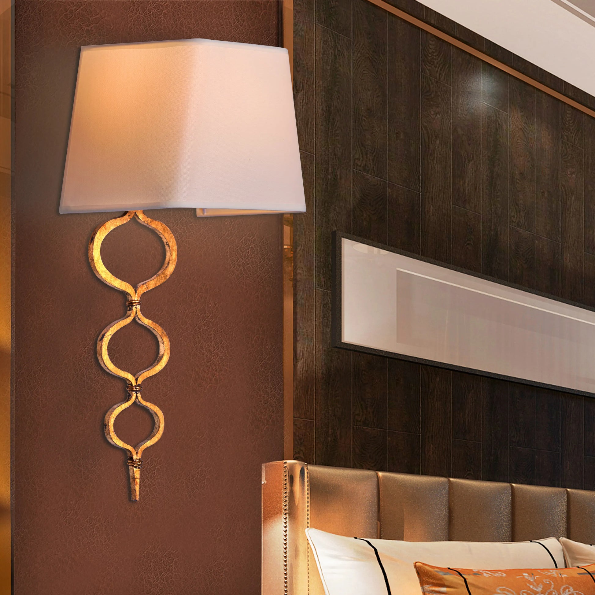 Elegant wall light with a warm, sunlit glow and gold finish; perfect for creating cozy ambiance in bedrooms and living areas.