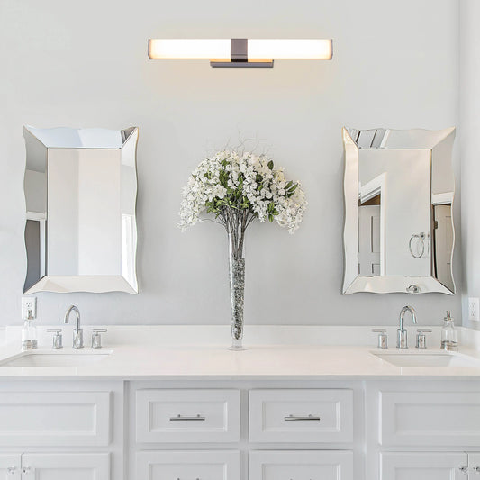 Vanity Reality Stainless Steel Vanity Light – a modern, polished stainless steel light fixture with energy-efficient LED illumination, perfect for bathrooms and dressing areas.