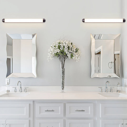 Vanity No More Stainless Steel Vanity Light – Modern stainless steel design with clear glass shades and energy-efficient LED lighting, perfect for bathroom or vanity spaces.