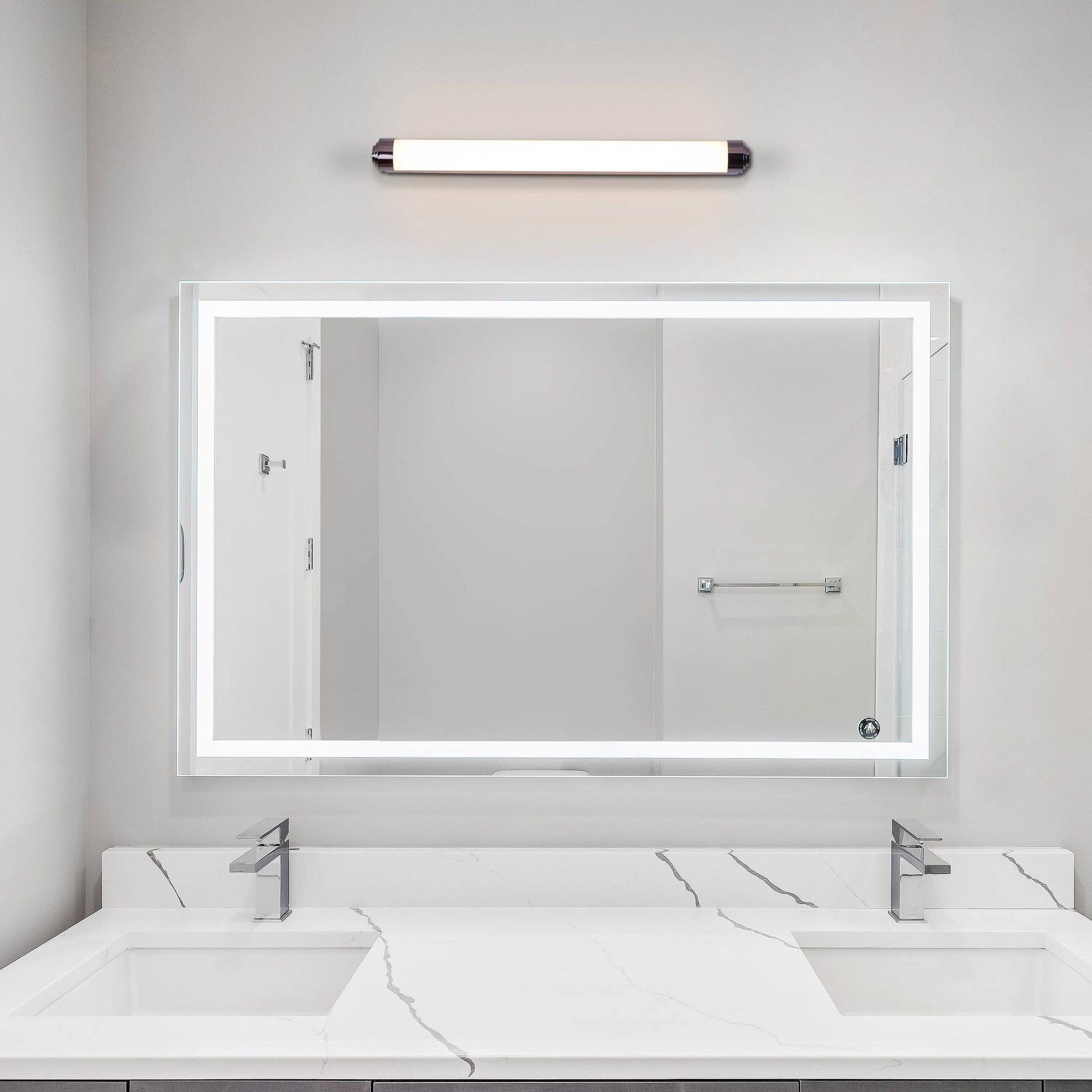 Vanity No More Stainless Steel Vanity Light – Modern stainless steel design with clear glass shades and energy-efficient LED lighting, perfect for bathroom or vanity spaces.