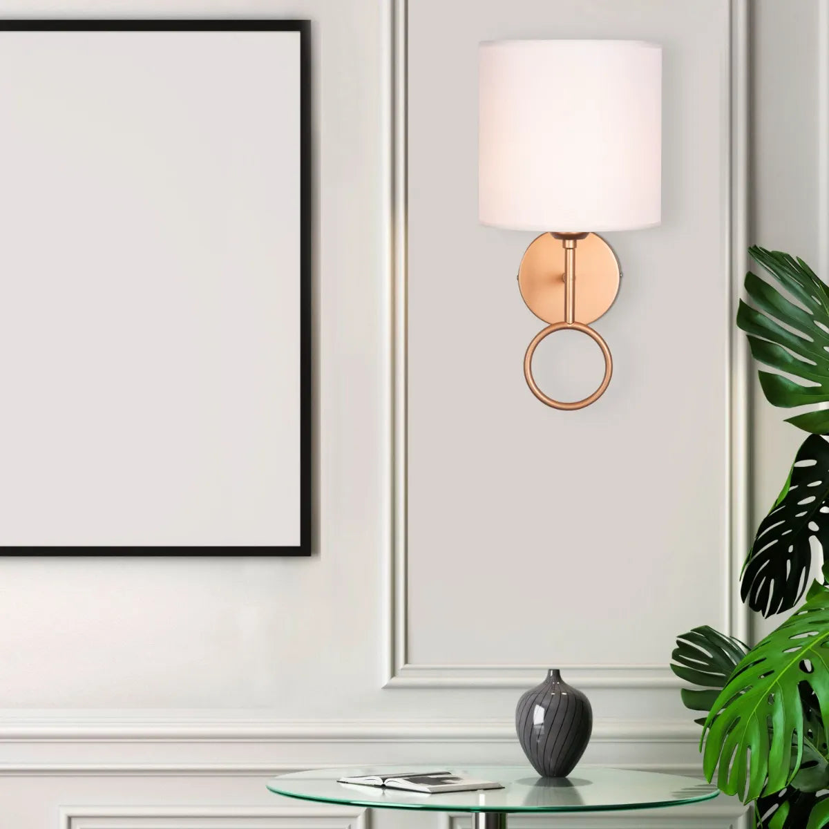 Elegant bedside wall light with soft, warm glow; minimalist design for luxury bedroom ambiance.