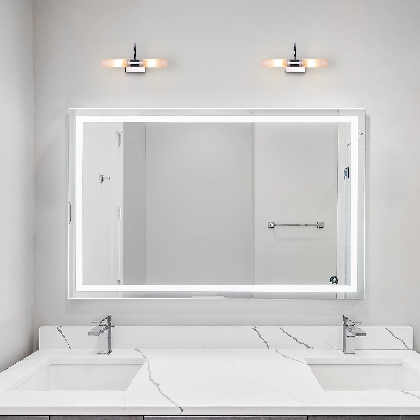 Please & Thanks Vanity Light – a modern stainless steel vanity light with LED illumination, sleek design, and versatile mounting options for stylish bathrooms and dressing areas.