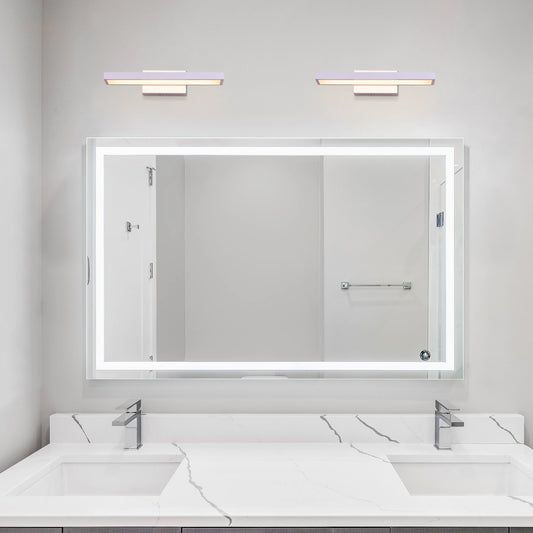 Look of Love Vanity Light – Elegant metal frame with clear glass shades and energy-efficient LED technology, perfect for bathroom or bedroom lighting.