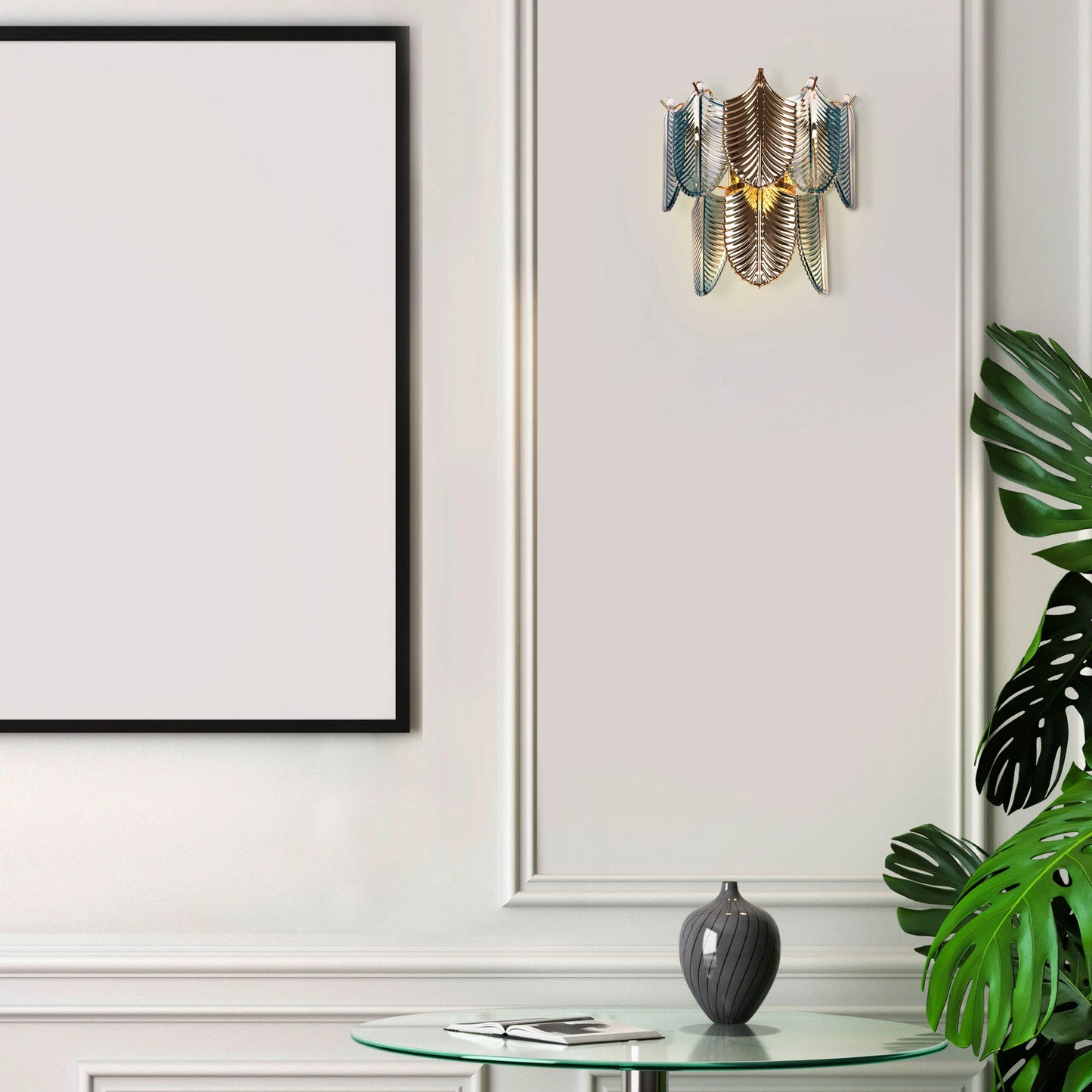 Magic In Milan glass wall light casting a warm glow in a modern living room.