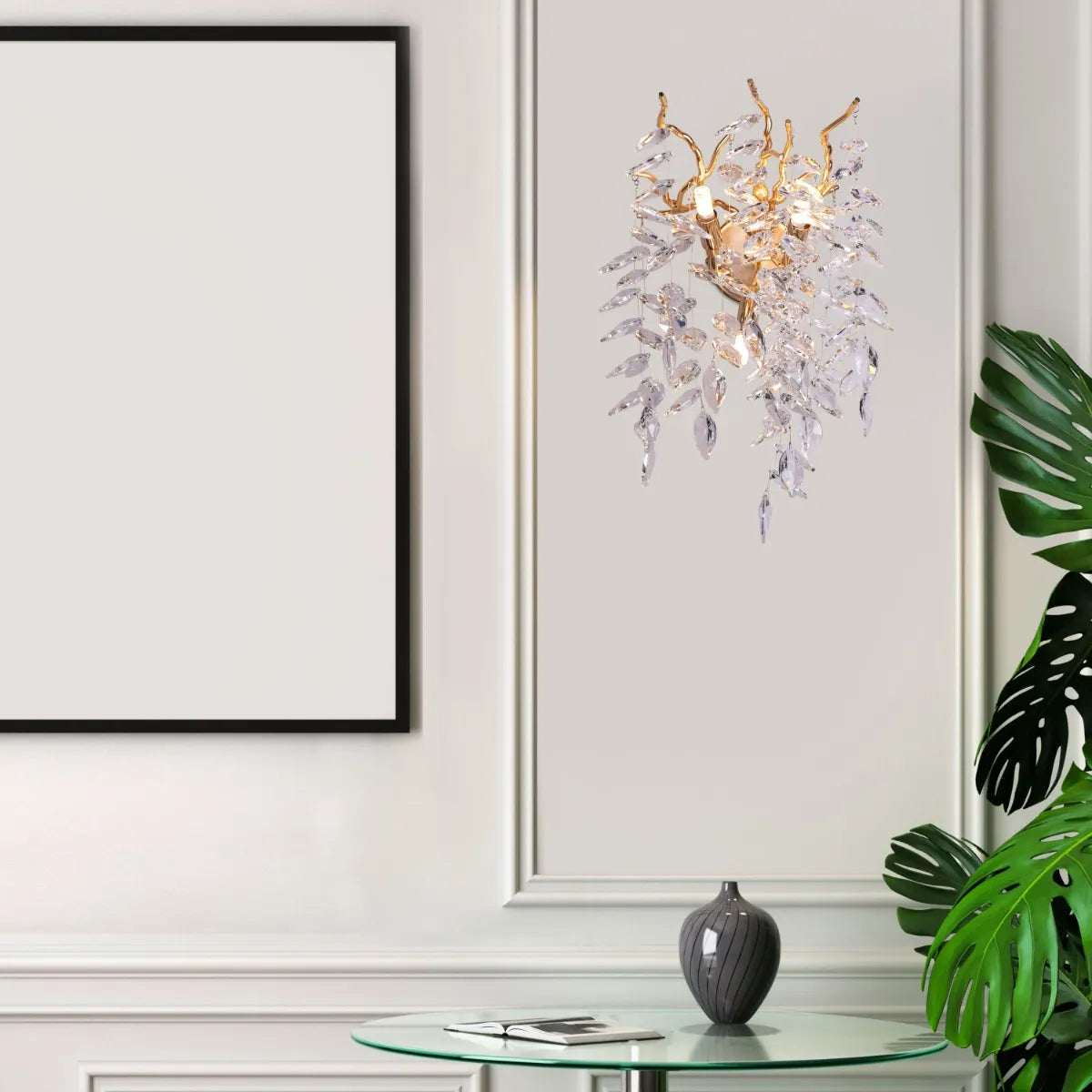Moral of the Story Crystal Wall Light - Elegant and enlightening wall lighting fixture featuring a beautifully crafted crystal diffuser suspended within a sleek metal frame, creating a mesmerizing play of light and shadow.