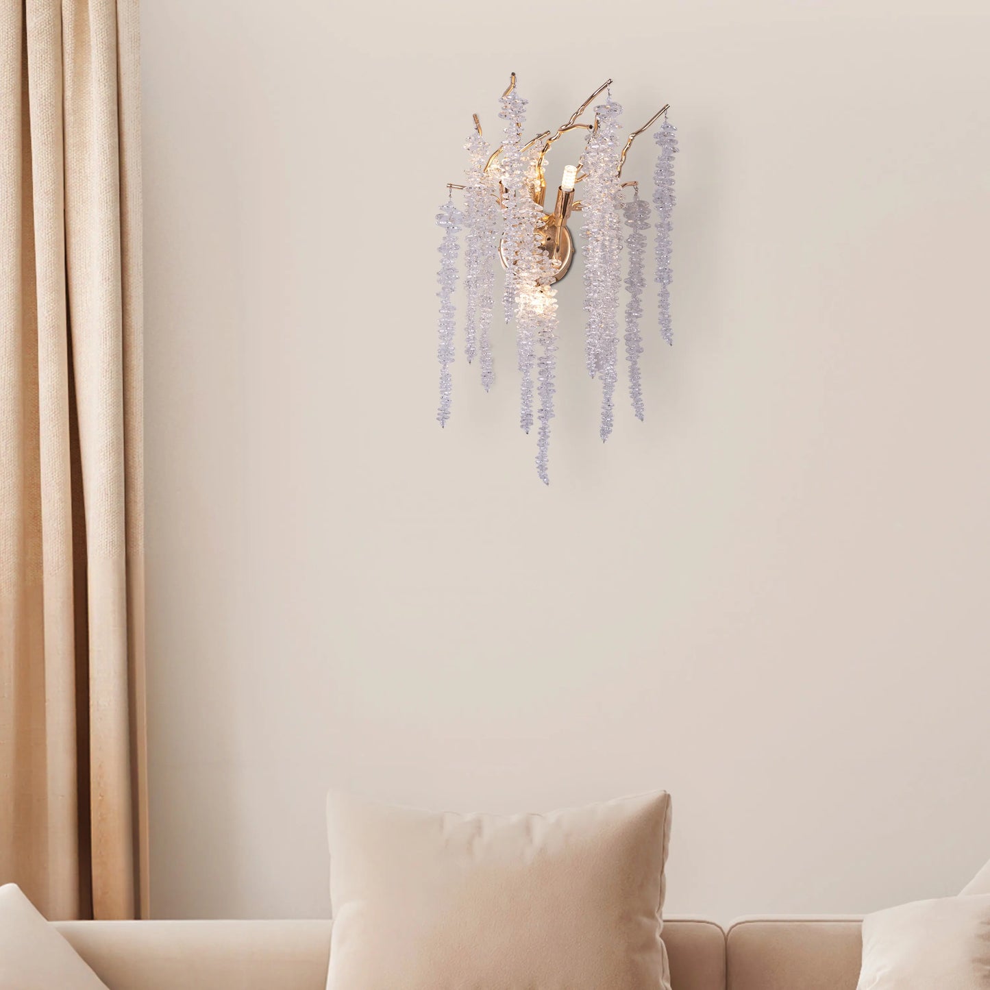 Up with the Fairies Crystal Wall Light - Enchanting and whimsical wall lighting fixture featuring a cluster of beautifully faceted crystal elements suspended within a sleek metal frame, creating a mesmerizing play of light and shadow.