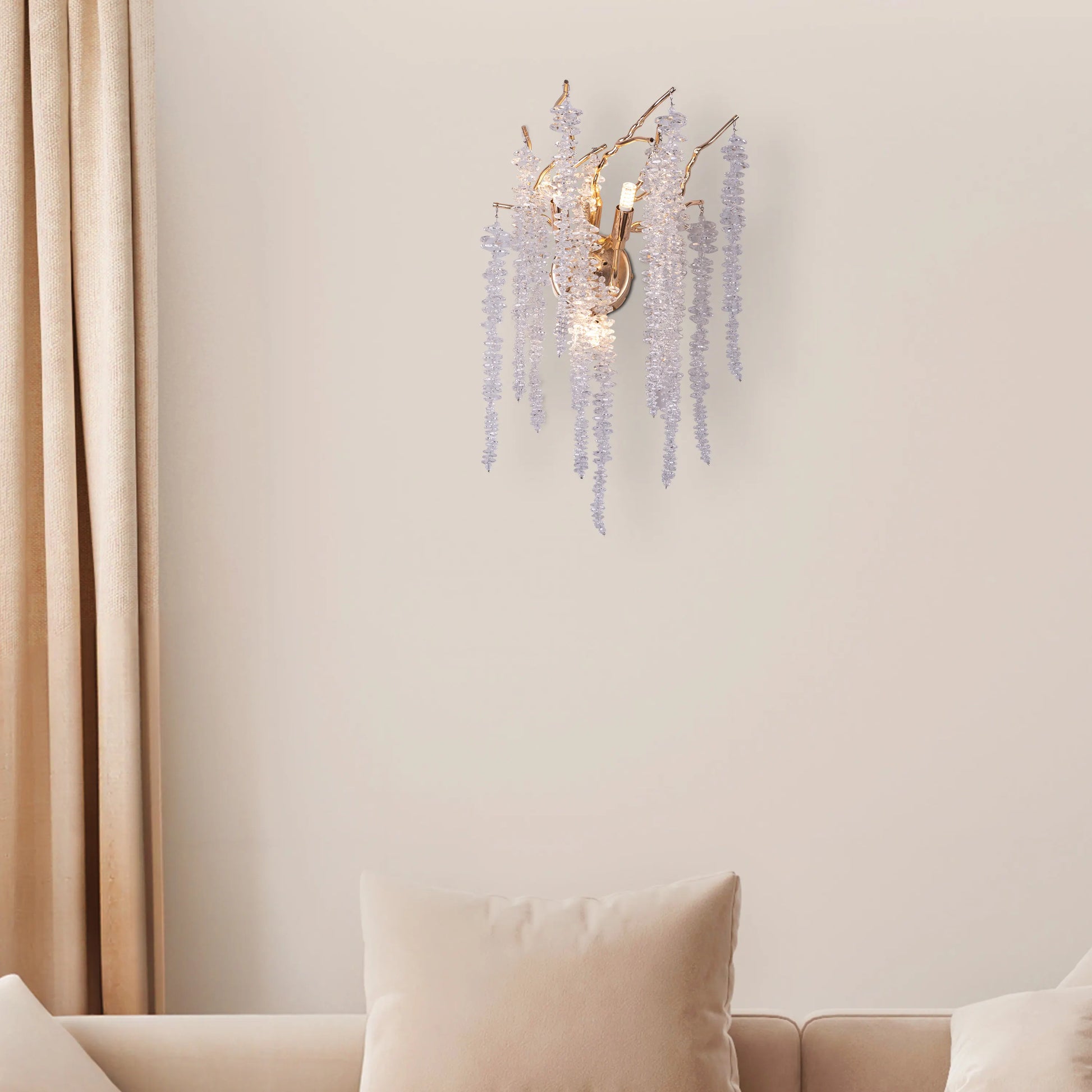 Up with the Fairies Crystal Wall Light - Enchanting and whimsical wall lighting fixture featuring a cluster of beautifully faceted crystal elements suspended within a sleek metal frame, creating a mesmerizing play of light and shadow.