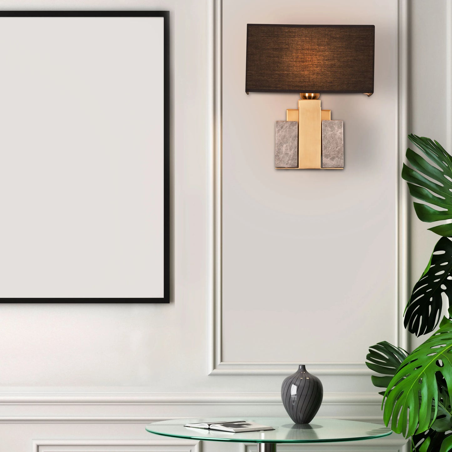 Gold and grey marble wall light, luxury modern sconce with gold accents for elegant interiors
