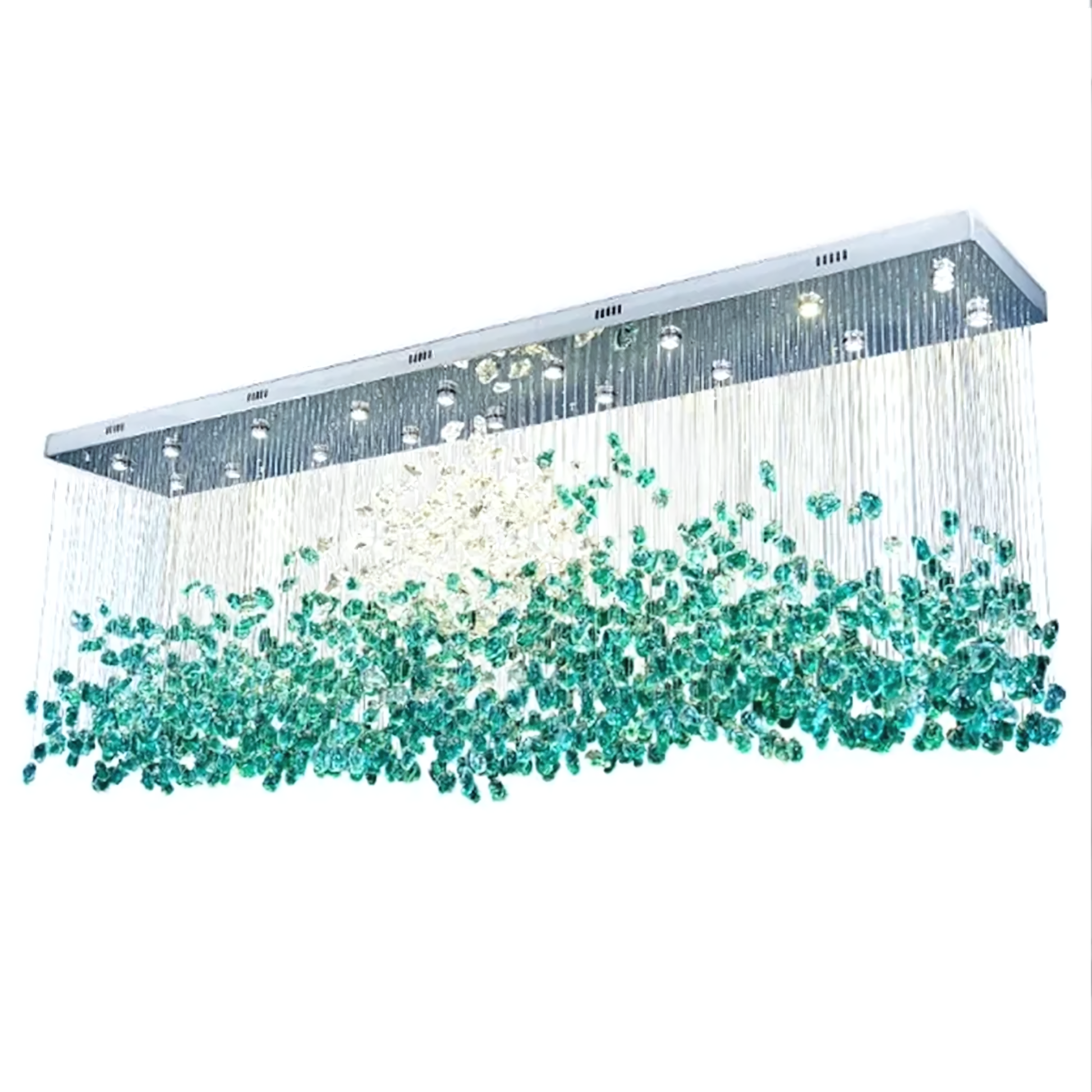 Cascading crystal and golden chandelier, a modern work of art