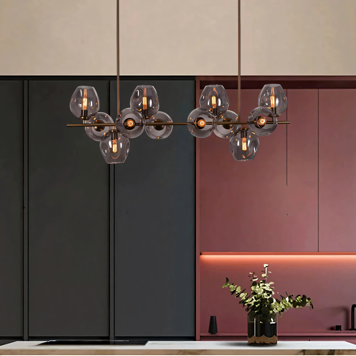 Efivos Exodus Grey Glass 12 Head Chandelier in a snow-capped mountain house