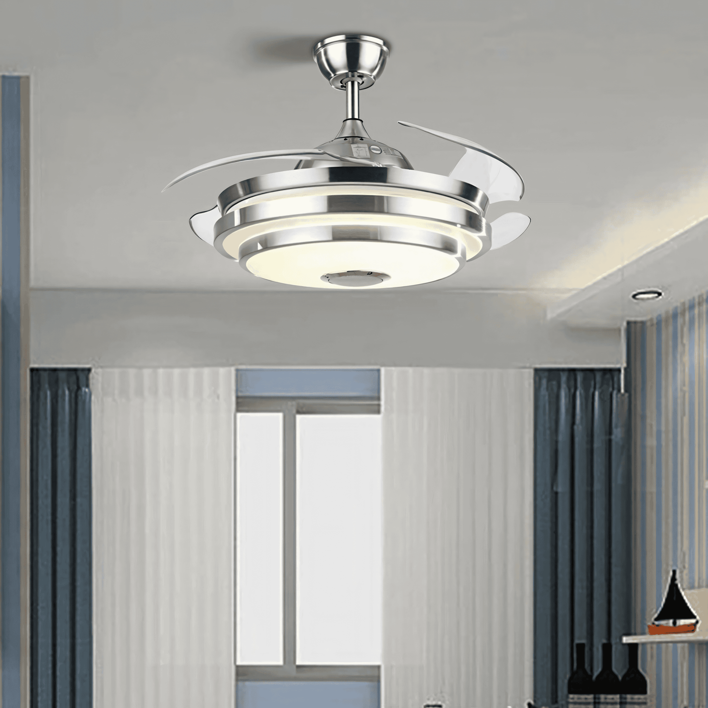 Luxury ceiling fixture combining fan, lighting, and remote operation