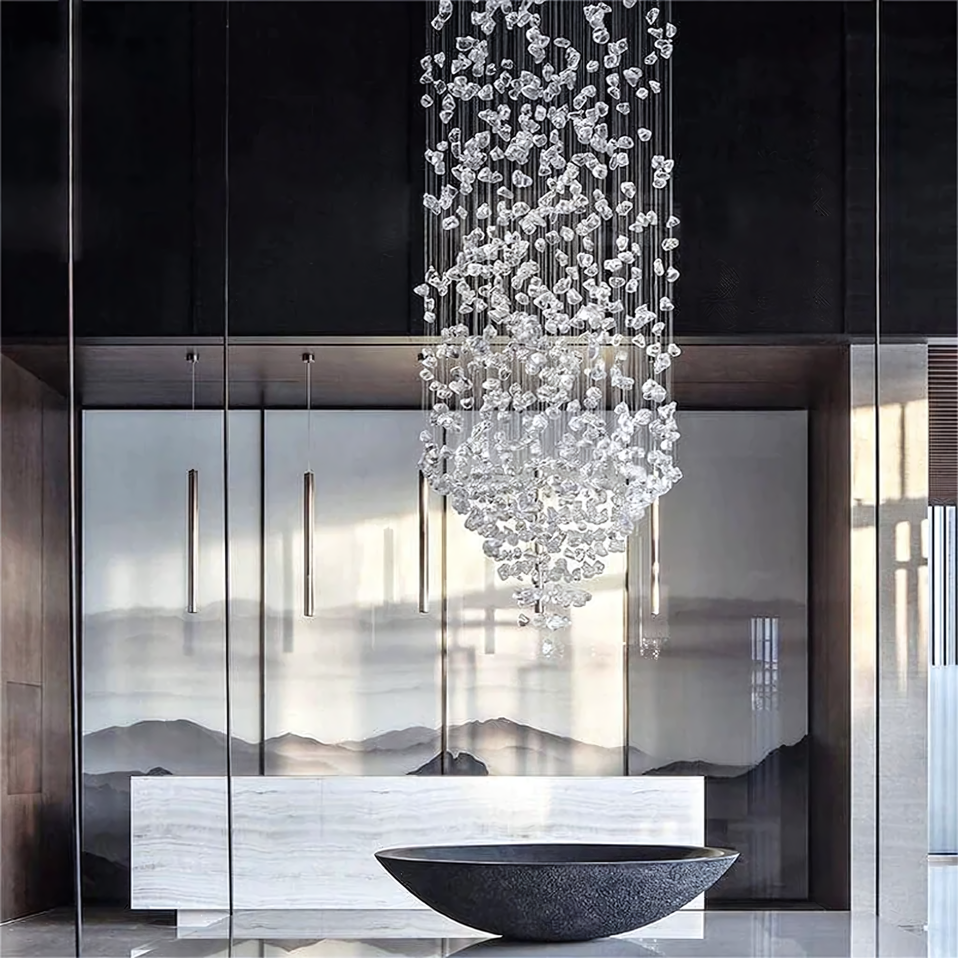 Cascading crystal and golden chandelier, a modern work of art