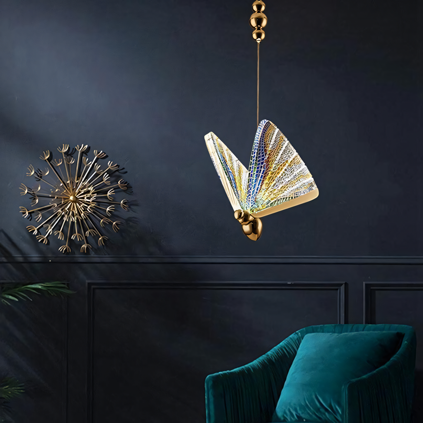 Intricate interplay of metal, crystal, and light in the Butterfly Hanging Light