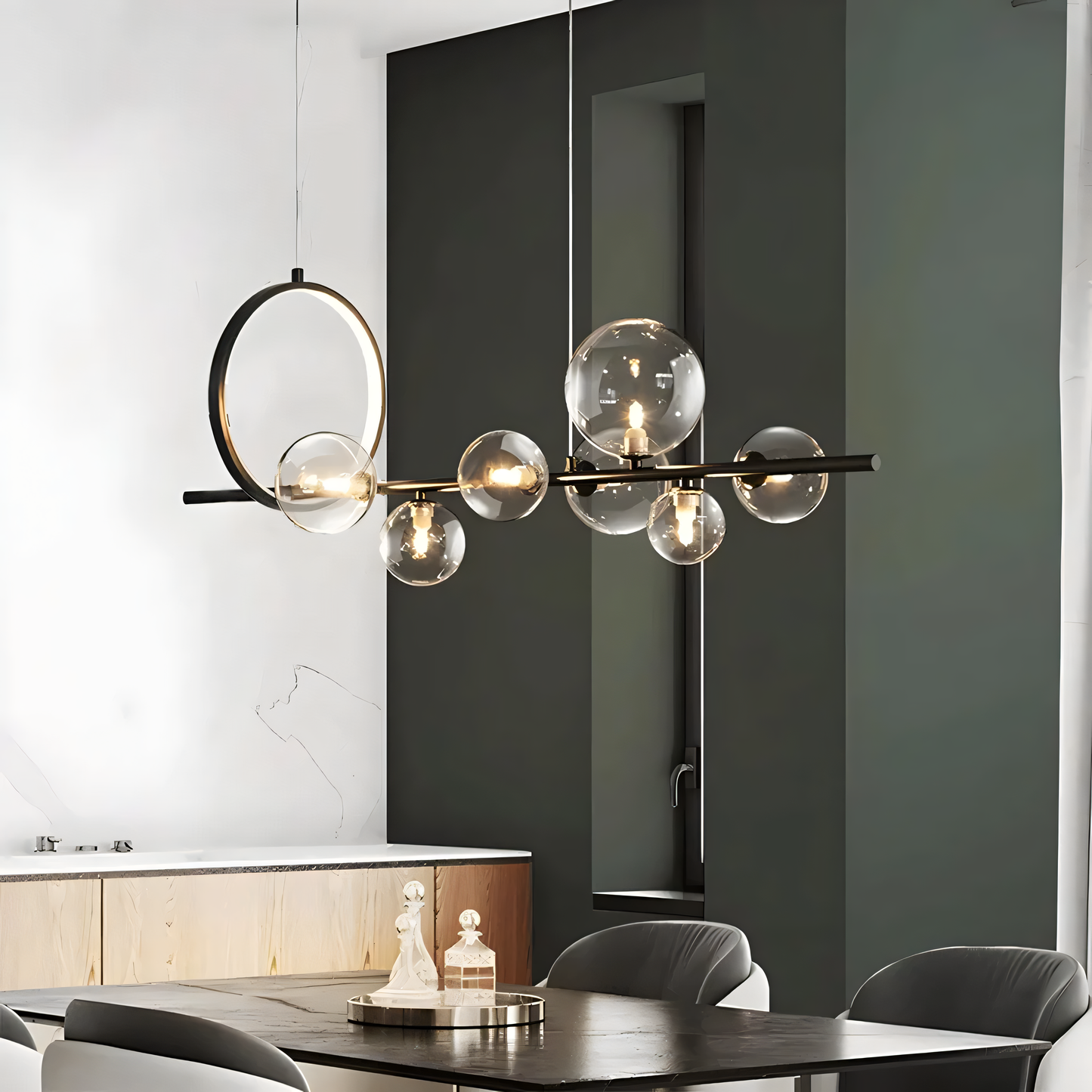 Sleek, silver-finished metal body of the Modern Bubble Chandelier